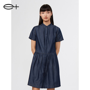 一嘉 e＋春夏新款品牌女装藏青色经典小立领设计感修身短袖连衣裙