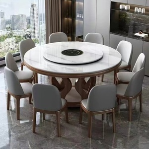 大理石餐桌椅组合家用圆形吃饭桌实木带转盘岩板电磁炉火锅桌2米