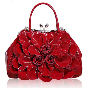 2024新款女包欧美时尚水钻包漆皮定型包包OL通勤花朵包新娘手提包