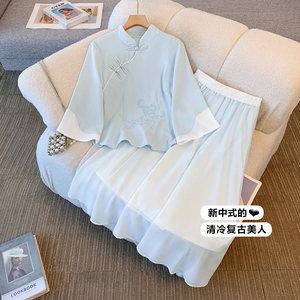 大码胖mm显瘦套装夏装搭配一整套蓝色温柔新中式国风一步裙两件套