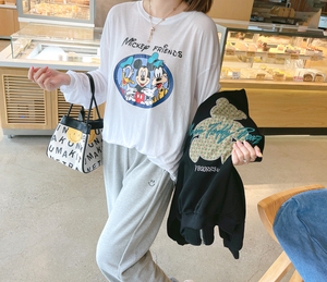 兔美善韩国代购女装 秋季新品 可爱米奇高飞卡通减龄两件套T恤