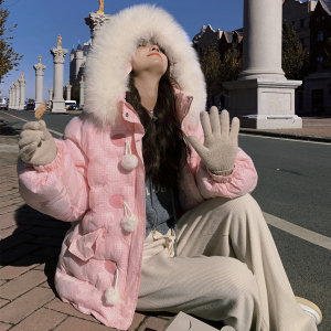 粉色羽绒棉服女冬季短款奶fufu2023新款小个子韩系蓬蓬面包服棉衣