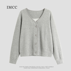 IMCC设计感小众纯色V领单排扣开衫卫衣女宽松显瘦米妮绒上衣外套