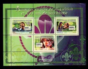 I1几内亚邮票 2007童子军创始人贝登堡爵士和鹿猩猩海豹 右上角折