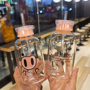 可爱猪猪玻璃杯韩式少女心情侣网红同款创意吸管杯高颜值ins杯子