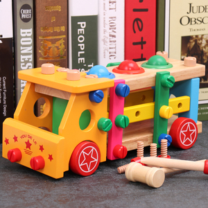 木质儿童积木拆装螺丝车男孩益智敲球车螺母组合拼装可拆卸玩具车