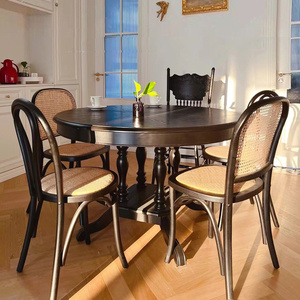 法式复古实木餐桌美式圆餐桌中古风雕刻高端餐桌椅组合可定制