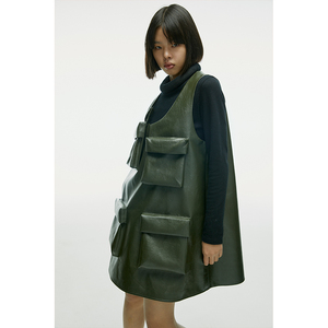 【夹生：HALF-MADE_】橄榄绿环保皮多袋背心裙 原创设计