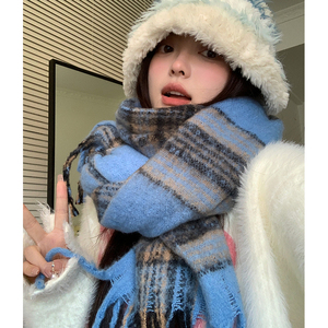 蓝色韩版格子流苏围巾女冬季2023新款高级感保暖百搭防寒加厚围脖