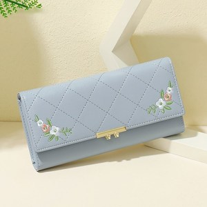 日本代购钱包女刺绣小众设计3折蓝色长款手包女士精致高档皮卡夹