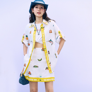 澳洲小众 浪漫玻璃海岛100%亚麻菠萝刺绣休闲套装女短袖衬衫+半裙