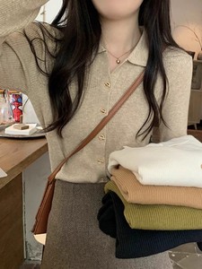韩版polo领衬衫毛衣气质羊毛针织开衫女秋冬新款修身显瘦打底上衣