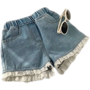 出口日本韩国大牌外贸原尾单余单撤专柜小中女童装蕾丝牛仔短裤子