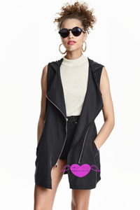 H&M HM 女装专柜正品国内代购    黑色斜拉链连帽马甲背心外套