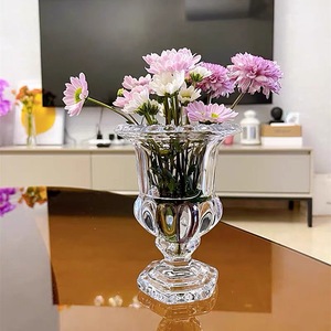 ins法式复古风欧式翻边高脚玻璃水晶花瓶敞口小号软装装饰客厅