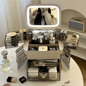 化妆品收纳盒防尘带镜子带灯大容量便携护肤品梳妆台置物架化妆箱