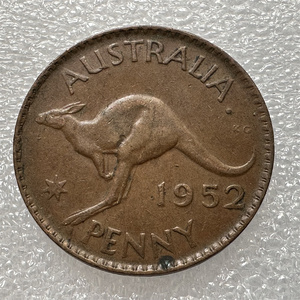 澳大利亚1952年乔治六世 袋鼠一便士大铜币 外国钱币硬币收藏