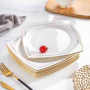 骨瓷金边盘子菜盘家用陶瓷碟子餐盘创意水果盘方形菜碟餐具套装