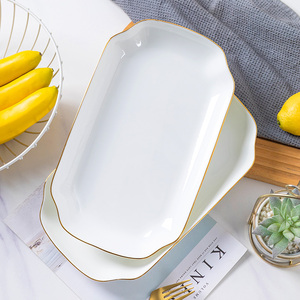 景德镇陶瓷金边餐具12英寸深盘子长方形装鱼盘子家用白色骨瓷大盘