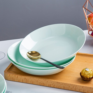 景德镇青瓷餐具盘创意陶瓷色釉盘家用菜盘深汤盘8英寸骨瓷盘子