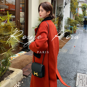 Rouje Kora法式赫本风撞色拼接设计感皮扣红色毛呢外套长款大衣