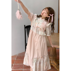 蛋包饭餐厅【碧桃煎茶】复古设计感粉色连衣裙夏季女新中式裙子