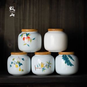 手绘优质陶瓷茶叶罐小号便携保鲜密封罐家用竹盖茶叶盒茶普洱醒茶