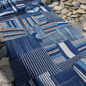 倚山人boro褴褛蓝染条纹色织土布手织布拼布缝纫机缝制复古布料宽