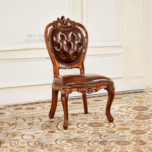 欧式真皮复古餐椅实木雕花新古典 美式家用餐厅椅靠背扶手餐桌椅