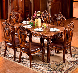 欧式大理石餐桌椅组合 长方形方桌全实木雕花美式1.8米花梨色简约