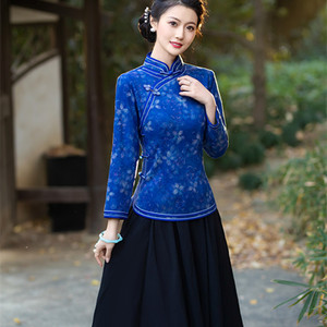 冬季新改良旗袍套装女上衣日常修身复古中国风中年妈妈唐装两件套