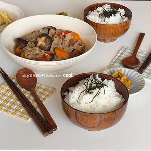 日式木碗 家用米饭碗日式餐具木碗日料木制小汤碗4.5英寸家用餐具