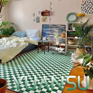 棋盘格地毯卧室ins风奶油风绿色格子床边客厅高级感沙发茶几地垫