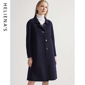 海兰丝2021秋冬新款时尚大气藏蓝色宽松外套气质羊毛双面呢大衣女