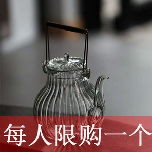 日式铜柄鹤首形菊筋纹耐热玻璃烧水壶煮茶壶玻璃壶玻璃茶壶