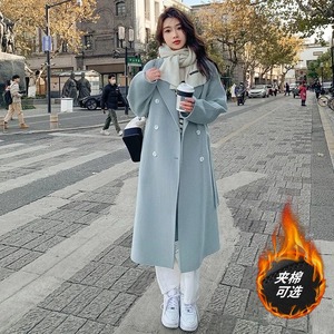 加棉加厚羊绒大衣女2023年秋冬新款韩版宽松中长款系带毛呢外套
