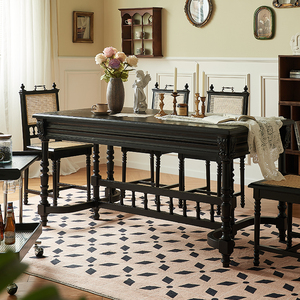 法式复古实木家用长方形美式雕花原木餐桌轻奢现代简约黑色方桌子