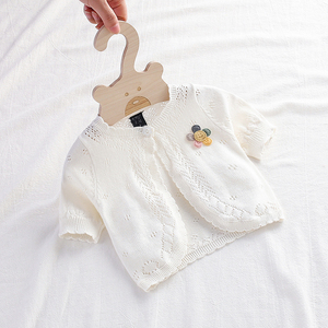 夏季婴儿空调衫薄款女童小外套新生宝宝针织开衫公主镂空短袖披肩