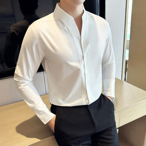 新中式男士立领衬衫男商务高级感圆领长袖白色衬衣潮V领无领上衣
