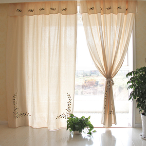 外贸出口窗帘成品简约美式窗幔帘头棉麻中式刺绣遮光卧室阳台米色