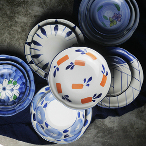 日式盘子 釉下彩和风餐具7.5寸个性创意 家用花草复古陶瓷菜盘碟
