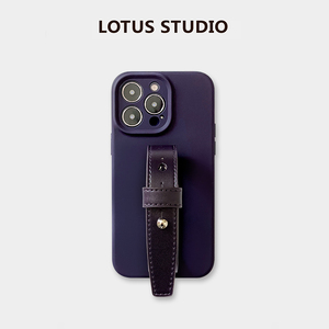 气质暗紫豆豆钉适用苹果14promax手机壳腕带小众高级感复古植鞣牛皮液态硅胶精孔iphone14plus系列保护套全包