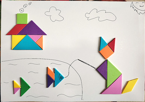 适合A4纸七巧板贴纸拼贴画小猫钓鱼4+6 儿童几何图形创意拼图贴画