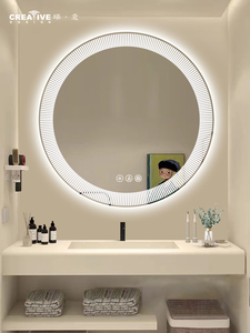 镜子挂墙浴室镜卫生间洗手间带灯除雾智能圆镜防雾发光led灯圆形