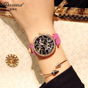 Davena奢华满天星镶水钻紫色女式手表 时尚大盘真皮石英表时装表