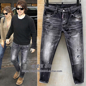 正品代购 DSQUARED2/D二次方 黑灰色破洞时尚 男士修身小脚牛仔裤