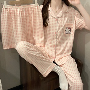 粉色格子三件套睡衣女夏季韩版短袖长裤可爱开衫家居服夏天可外穿