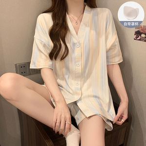 睡衣女士带胸垫款夏季韩版弥散条纹高级感短袖短裤开衫家居服套装