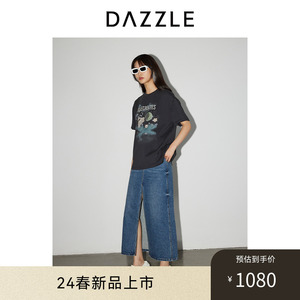 DAZZLE地素 T恤2024春季新款女装黑色兔子重工刺绣短袖上衣