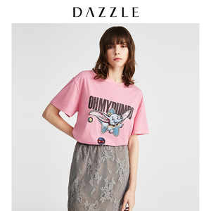DAZZLE地素夏装迪士尼小飞象林允同款圆领短袖绣花T恤2G